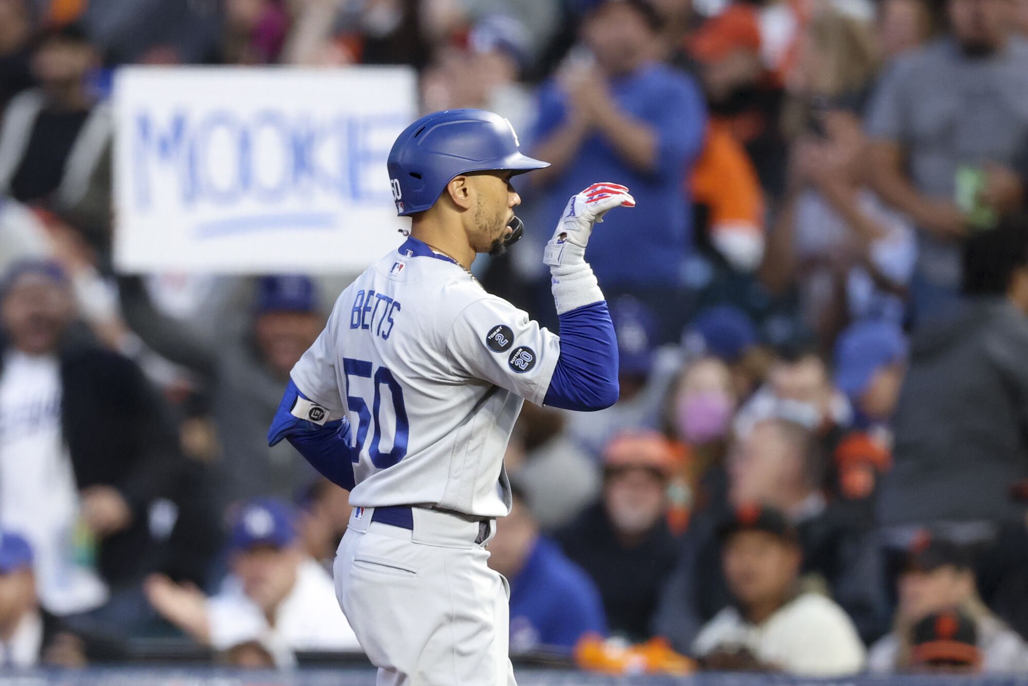 Los Angeles Dodgers Mookie Betts reacts after a single