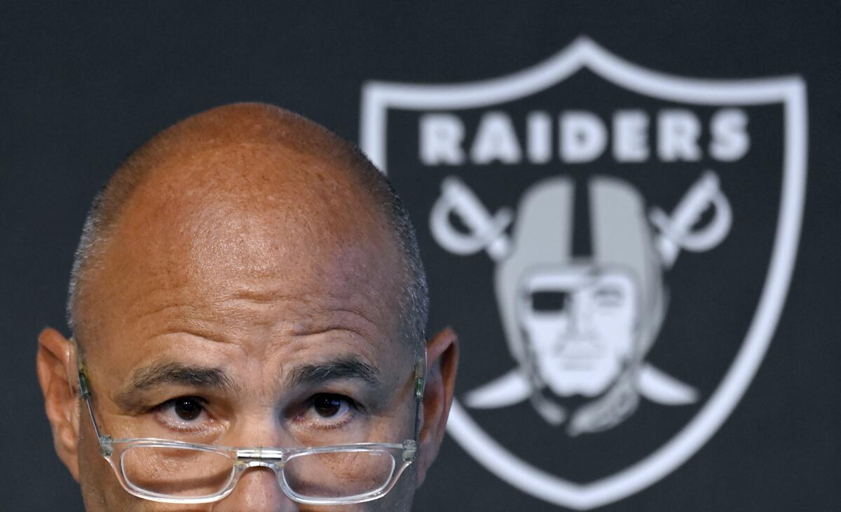 Las Vegas Raiders interim head coach Rich Bisaccia speaks during a press conference after an NFL football practice Wednesday, Oct. 13, 2021, in Henderson, Nev. (AP Photo/David Becker)