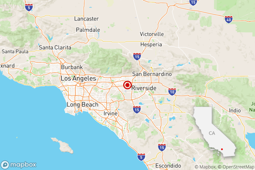 Map of Southern California marking an earthquake epicenter in Ontario, east of Los Angeles