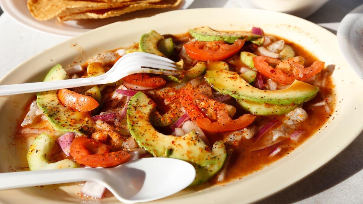 The aguachile plate at the Mariscos El Faro truck in Highland Park.