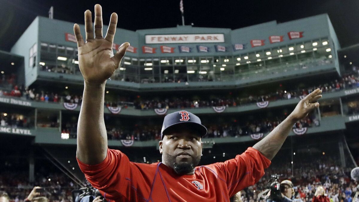 David Ortiz waves to fans at Fenway Park after Boston was swept in the 2016 ALDS against Cleveland.