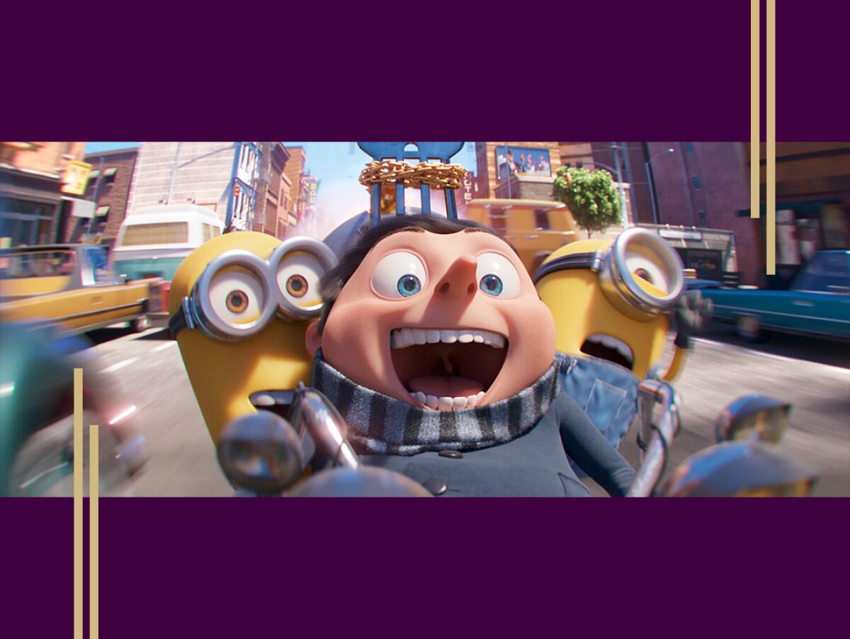 A young man and two minions happily ride a speeding motorcycle in a scene from "Minions: The Rise of Gru."