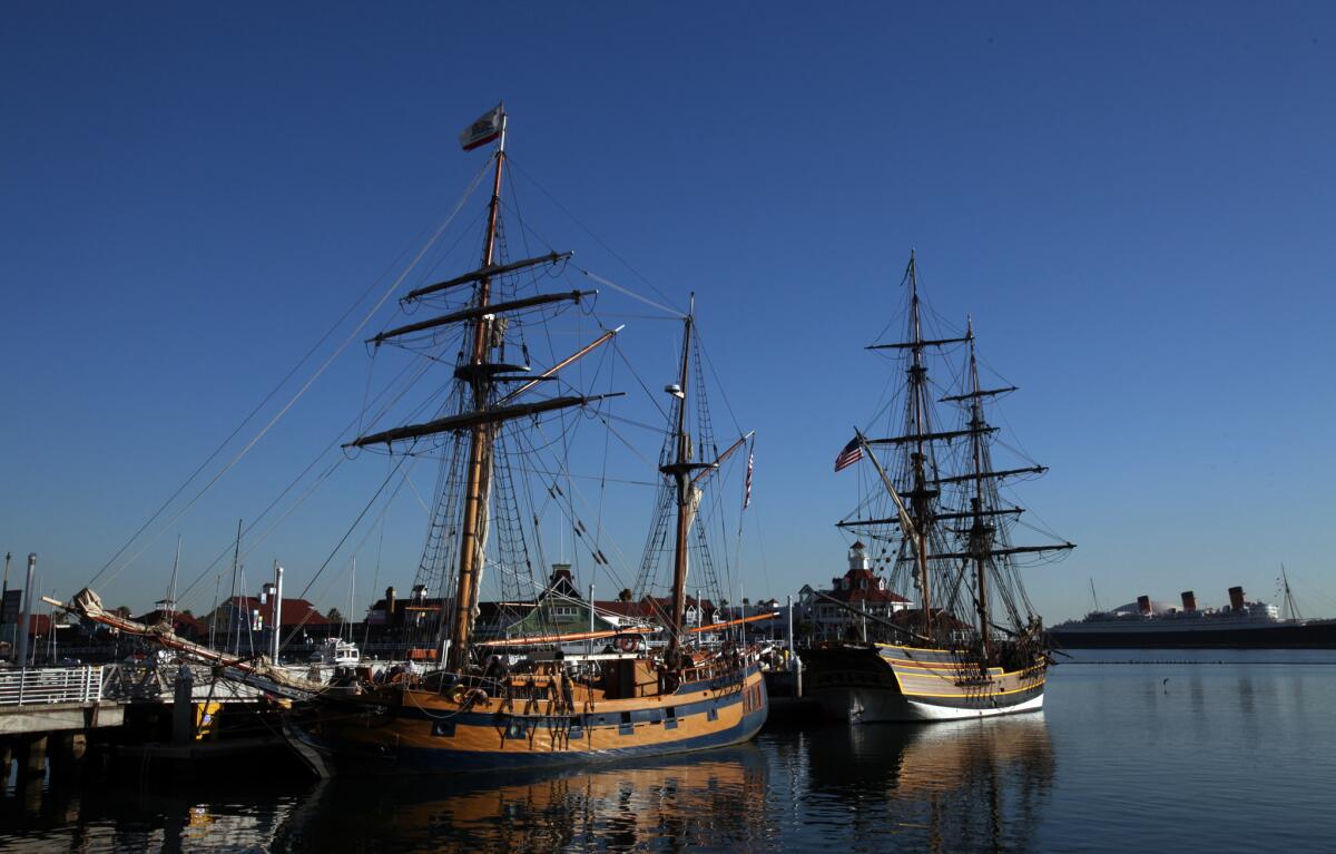 Tall ships Hawaiian Chieftain, left, and Lady Washington docked last year in Long Beach. The ships will arrive in Ventura Harbor on Jan. 13.
