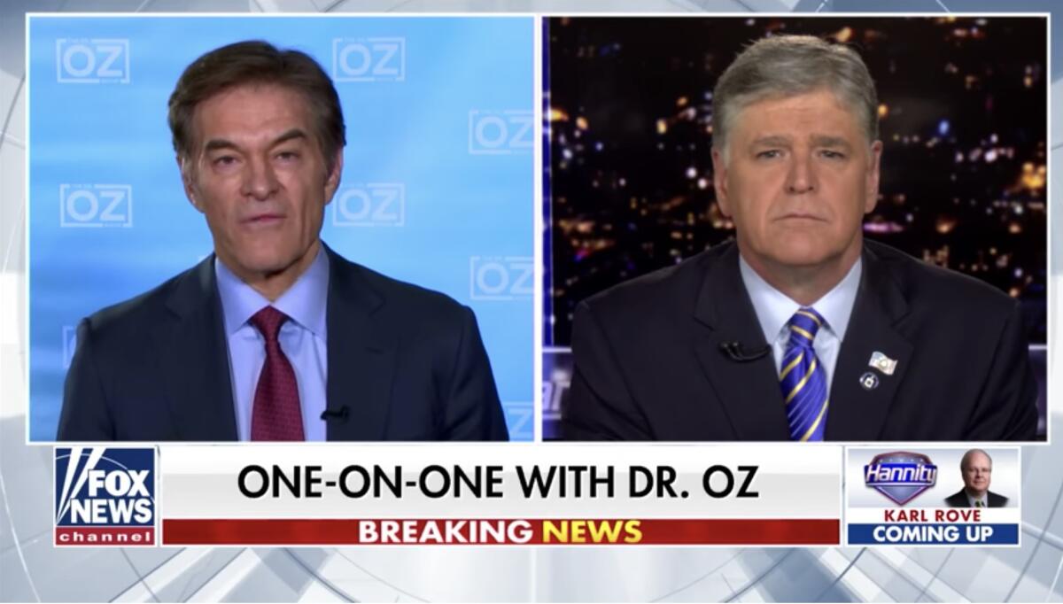 A side by side of Dr. Mehmet Oz, left, with Sean Hannity, right, on Hannity's Fox News program