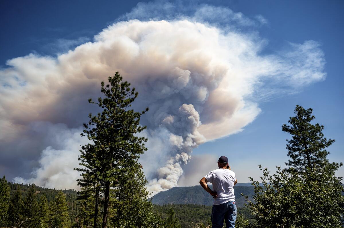 A man watches smoke billow from a fire