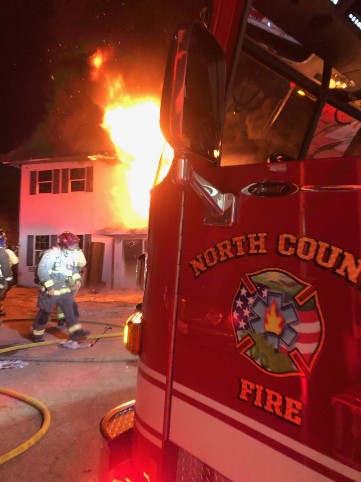 Flames tore through a home Thursday night in Bonsall, but no injuries were reported. 