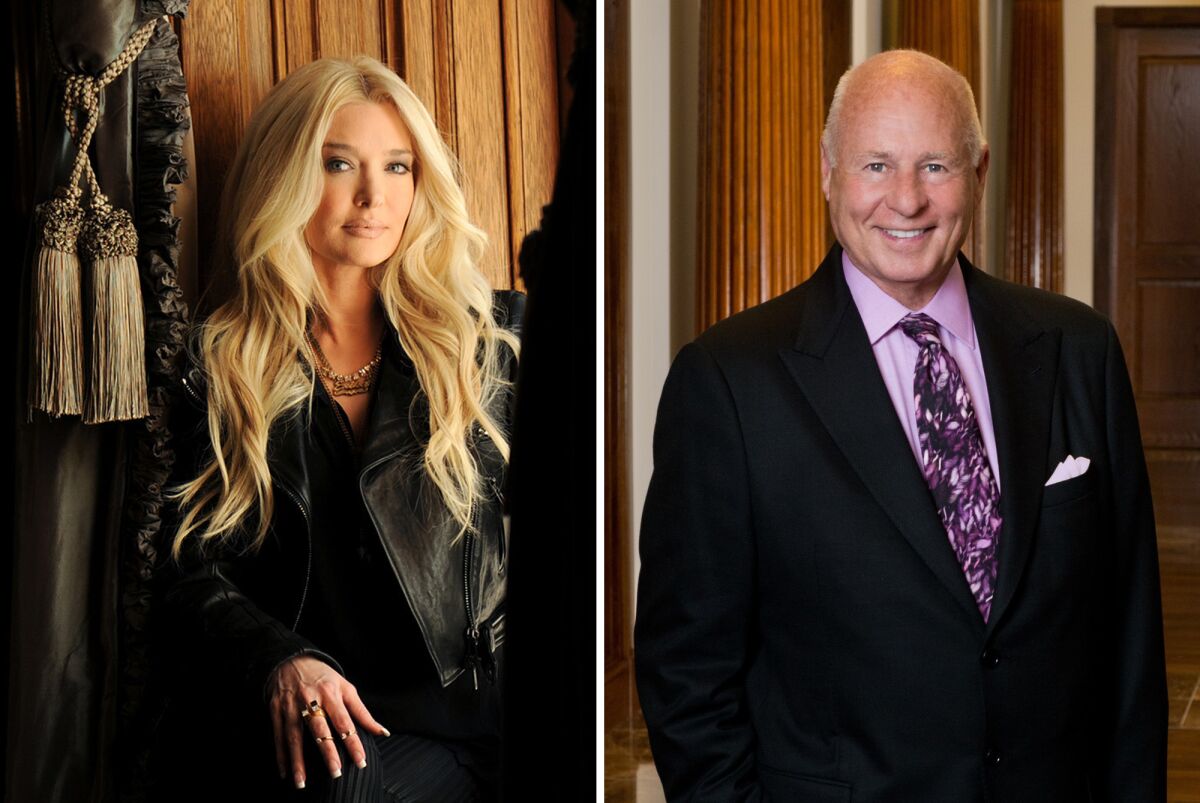 Side-by-side images of a blond woman in a black leather jacket and a bald man in a suit and tie.
