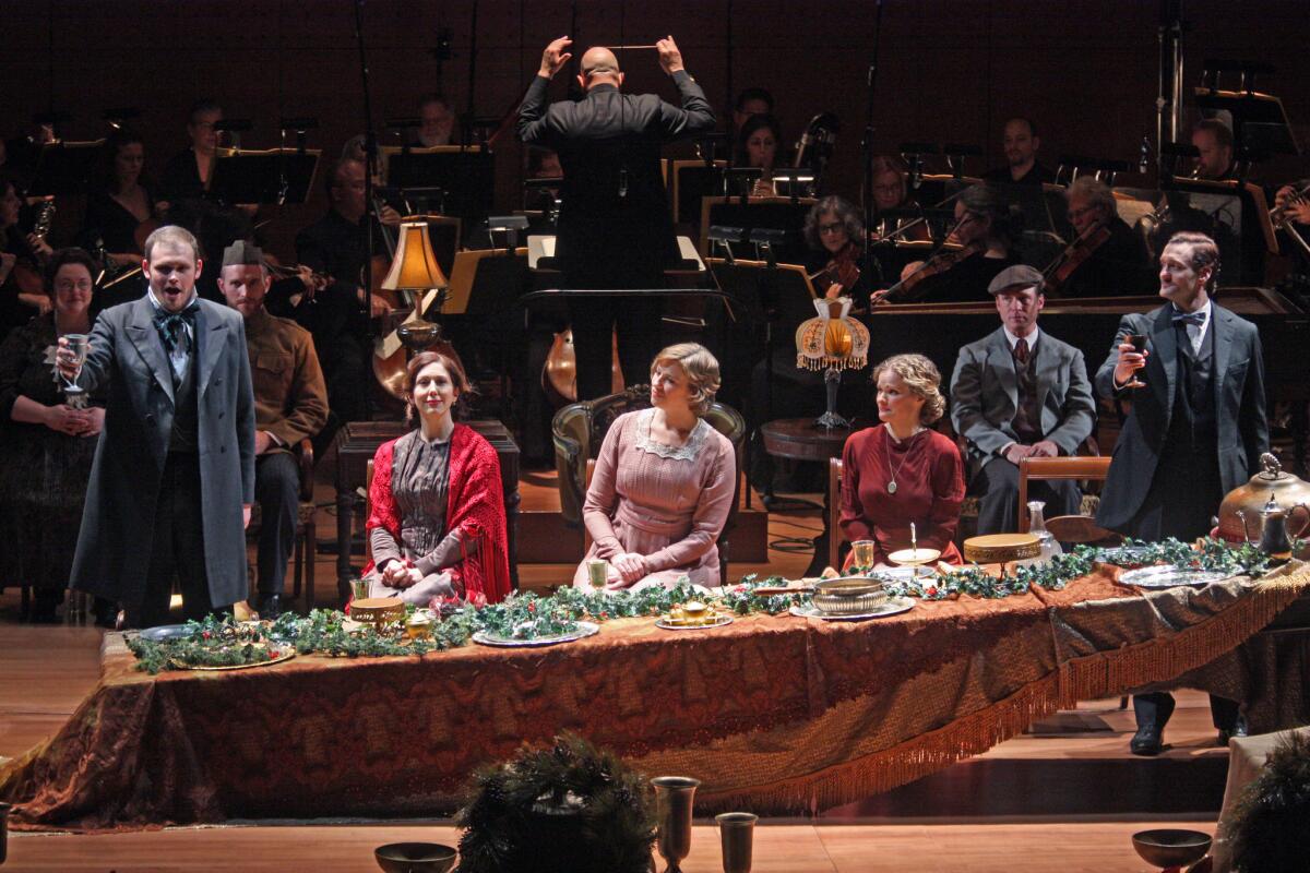In opera version of "The Long Christmas Dinner" are Josh Quinn, from left, Camille Zamora, Catherine Martin, Kathryn Guthrie and Glenn Seven Allen, with conductor Leon Botstein.