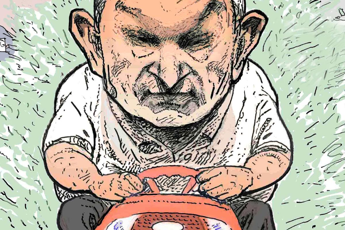 A caricature of Sen. Joe Manchin driving a lawn mower, which is a detail of a larger illustration.