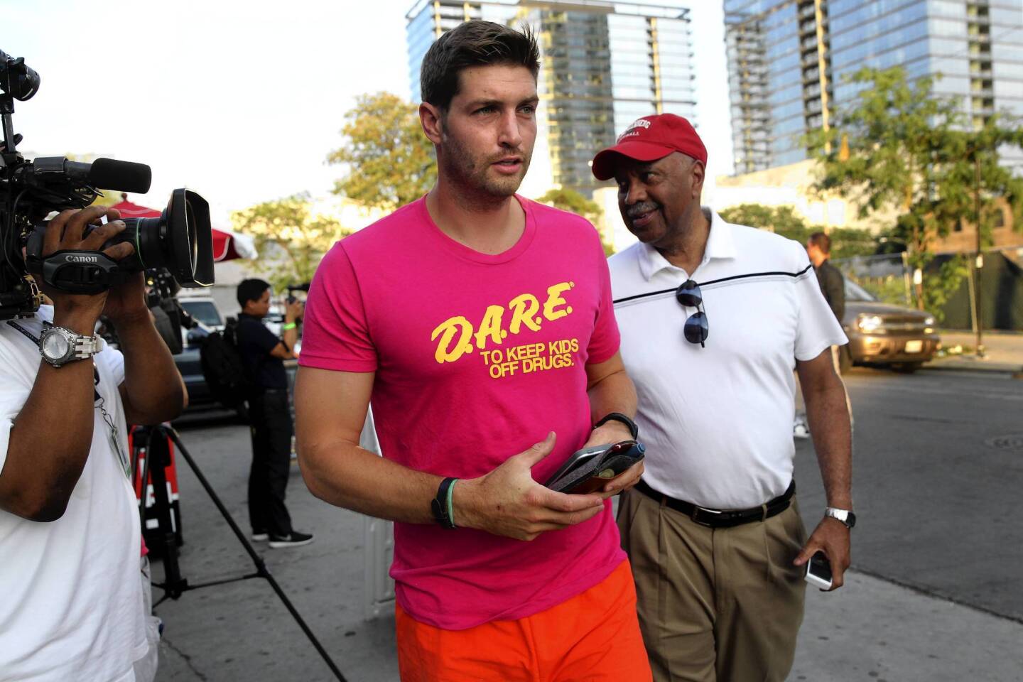 Jay Cutler arrives for a 1980s themed fundraiser for the Jay Cutler Foundation at Joe's Bar on Weed Street in Chicago on Thursday.