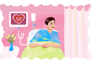 Illustration of a woman in a hospital bed attached to a monitor that shows a drawn heart