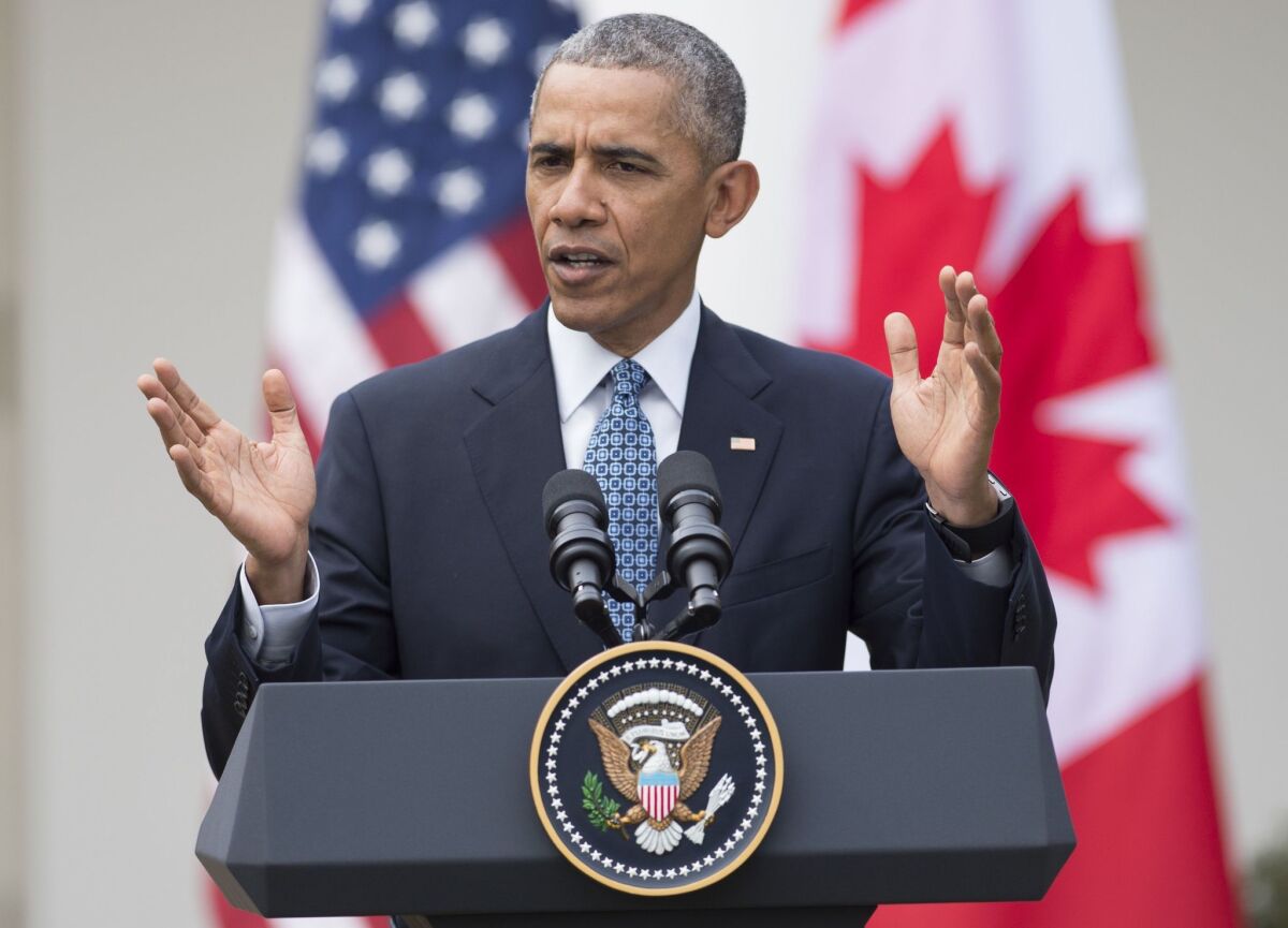 President Obama speaks at a news conference with Canadian Prime Minister Justin Trudeau in the Rose Garden on Thursday. Democrats suggest that best political play on Obama's Supreme Court pick is the least political one.