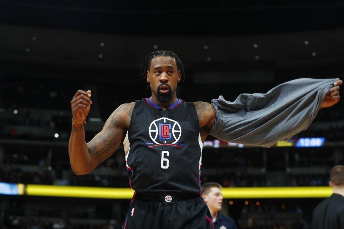 Clippers center DeAndre Jordan (6) prepares to enter in the second half of a game against the Nuggets on Jan. 21.