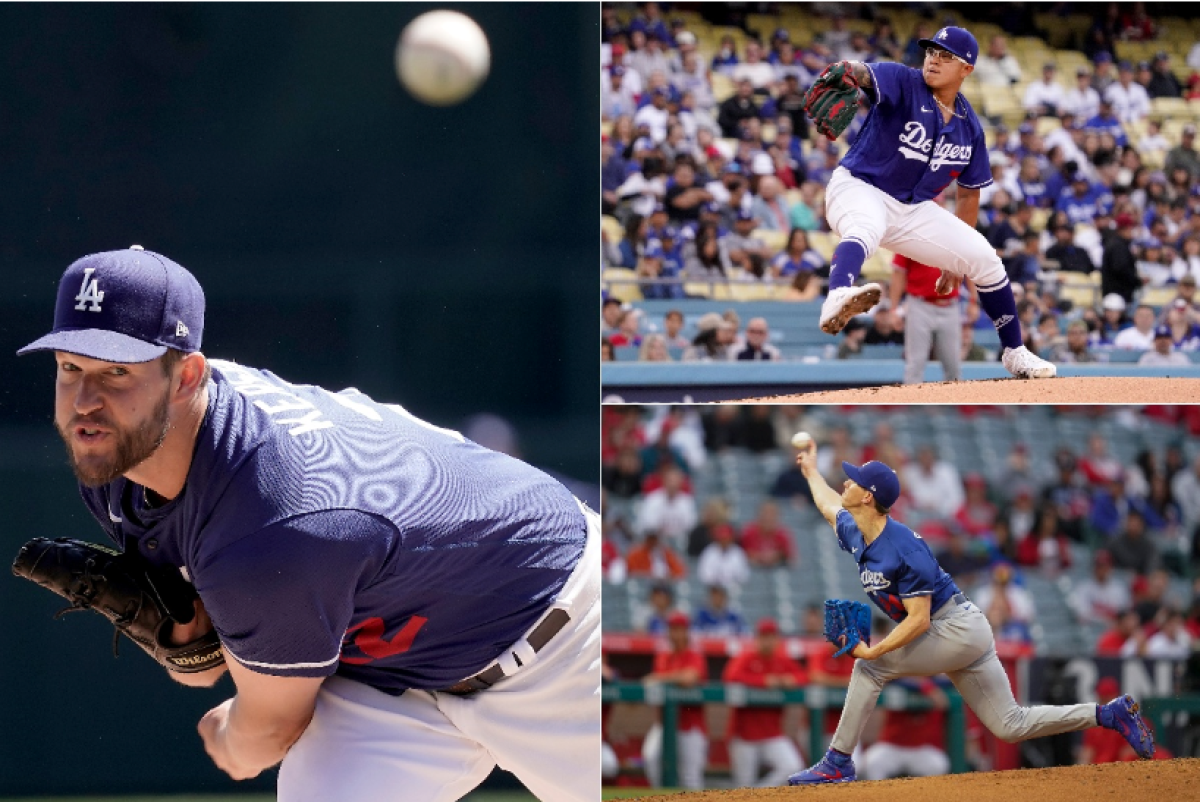 Clockwise from left: Dodgers pitchers Clayton Kershaw, Julio Urías and Walker Buehler pitch during spring training.