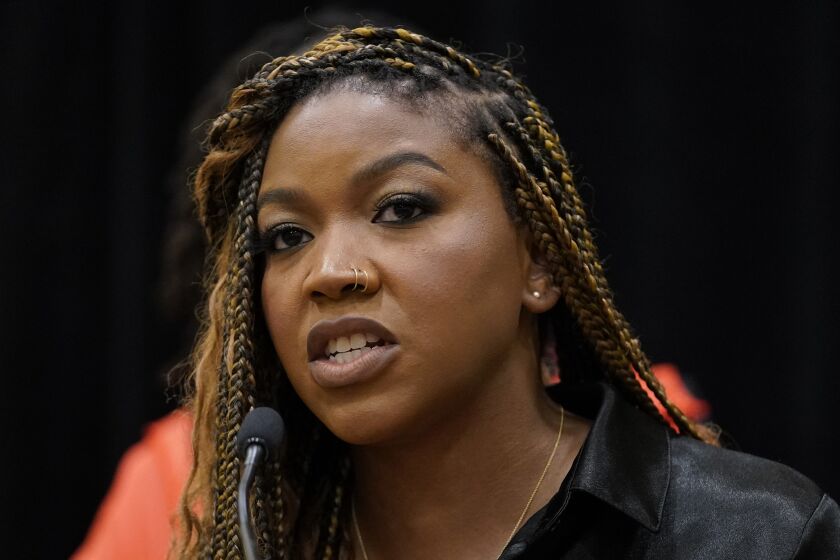 FILE - Cherelle Griner, wife of WNBA star Brittney Griner, speaks during a news conference in Chicago, July 8, 2022. (AP Photo/Nam Y. Huh, File)