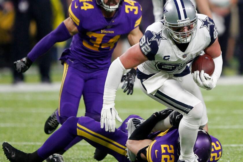 FILE - In this Thursday, Dec. 1, 2016, file photo, Dallas Cowboys tight end Jason Witten (82) is tackled by Minnesota Vikings free safety Harrison Smith (22) after making a reception during the second half of an NFL football game, in Minneapolis. The game was one of the NFL games that was streamed live on Twitter during the season. Amazon will stream 10 NFL games during the 2017 season in a deal with the league, replacing Twitter. Games will be available to members of its Prime loyalty program. As more people turn to streaming services for entertainment, demand for live sports streaming has been growing. (AP Photo/Andy Clayton-King, File)