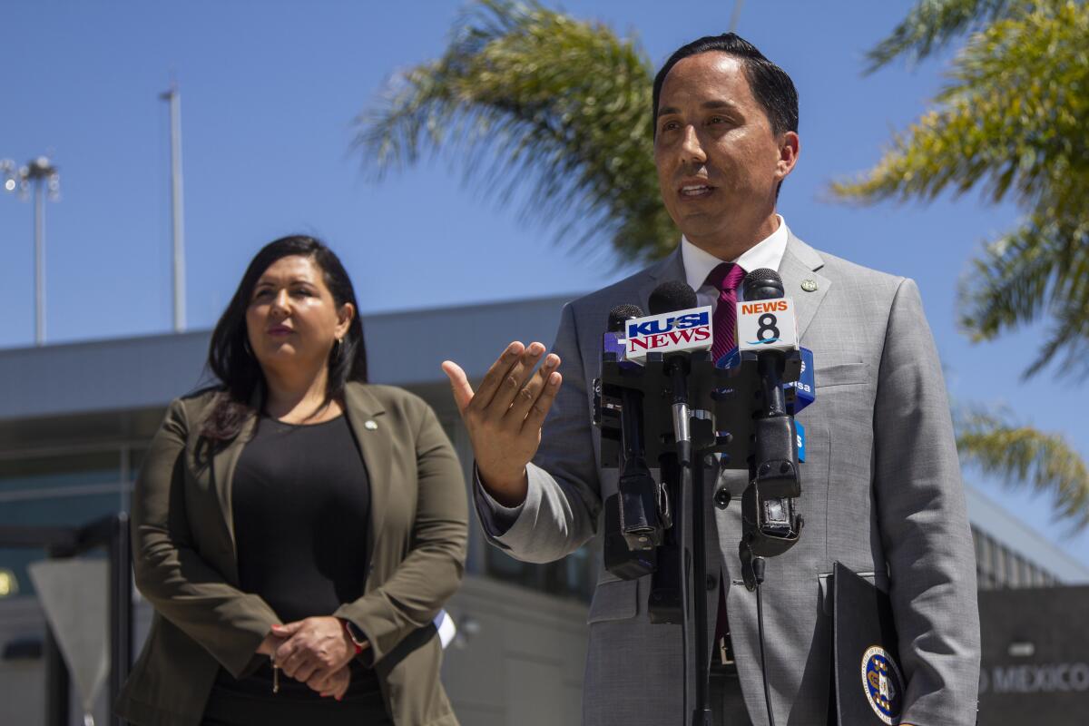 San Diego Mayor Todd Gloria speaks at press conference with District 1 Supervisor Nora Vargas 