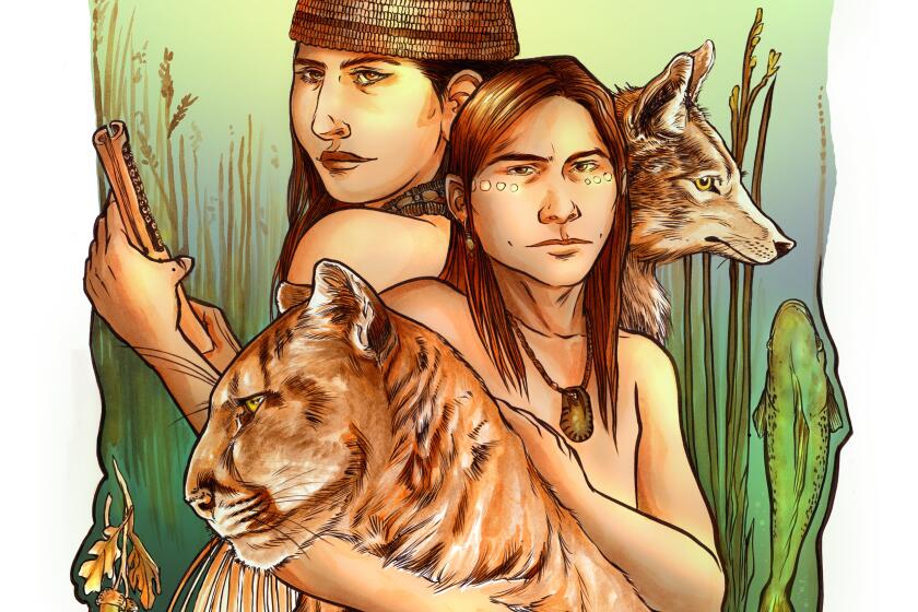 A color vertical drawing of two indigenous, Tongva youth with a mountain lion, a wolf, and a fish.