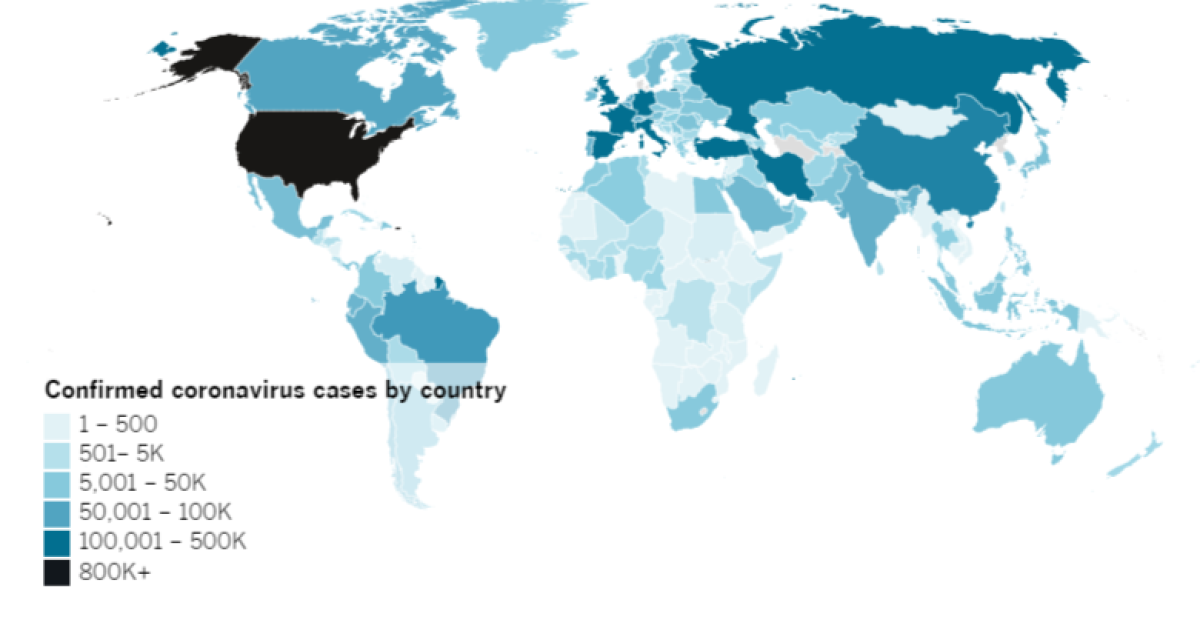 Confirmed COVID-19 cases by country as of 6 p.m. PDT Tuesday, April 28. Click to see the map from Johns Hopkins CSSE.