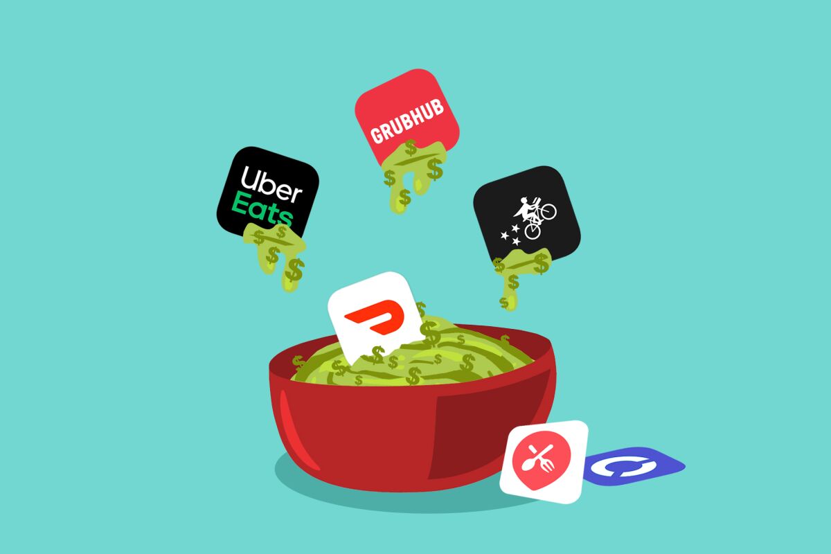 Illustration of delivery apps being dipped into guacamole made of money. 