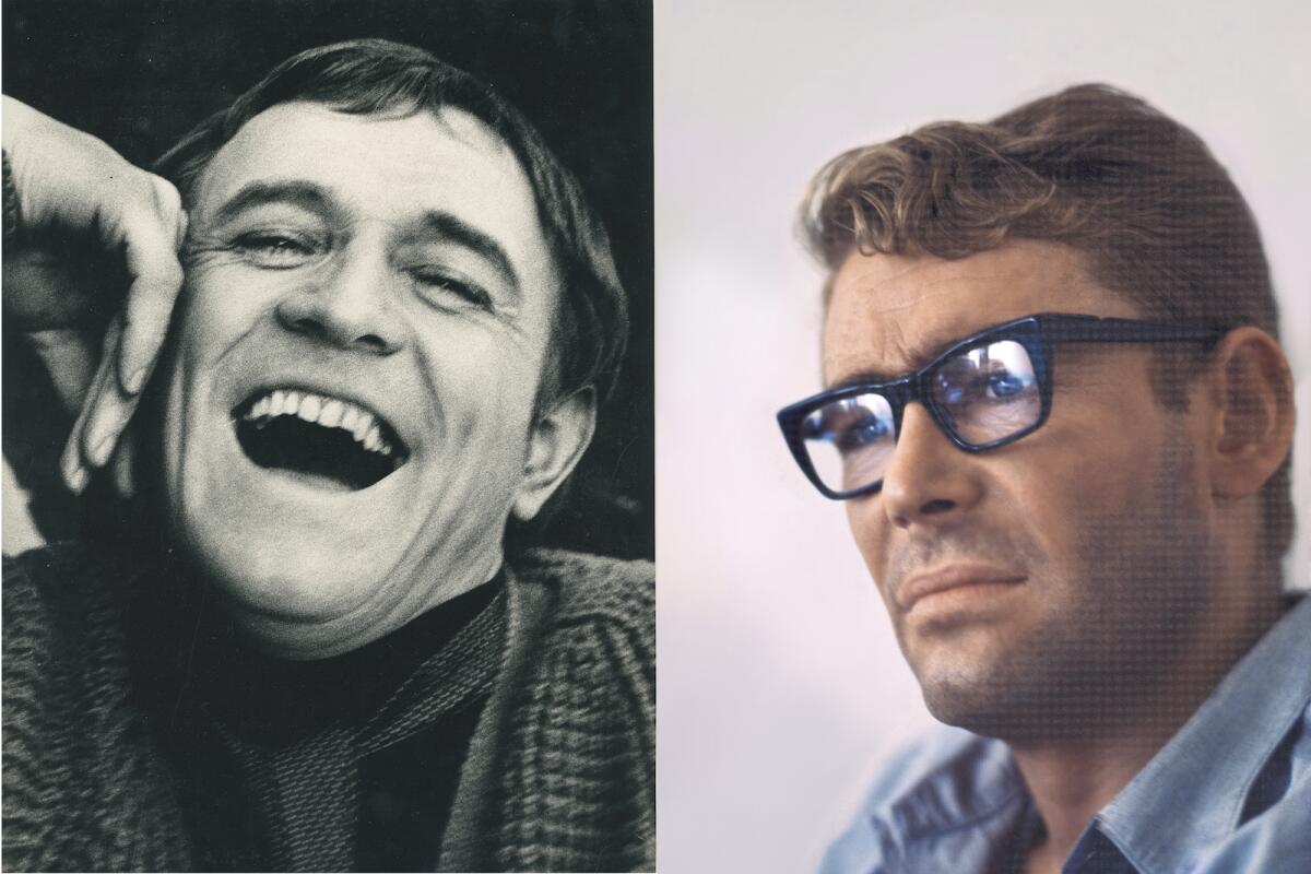 A black-and-white headshot of a laughing man next to a color photo of a serious man wearing thick-framed glasses