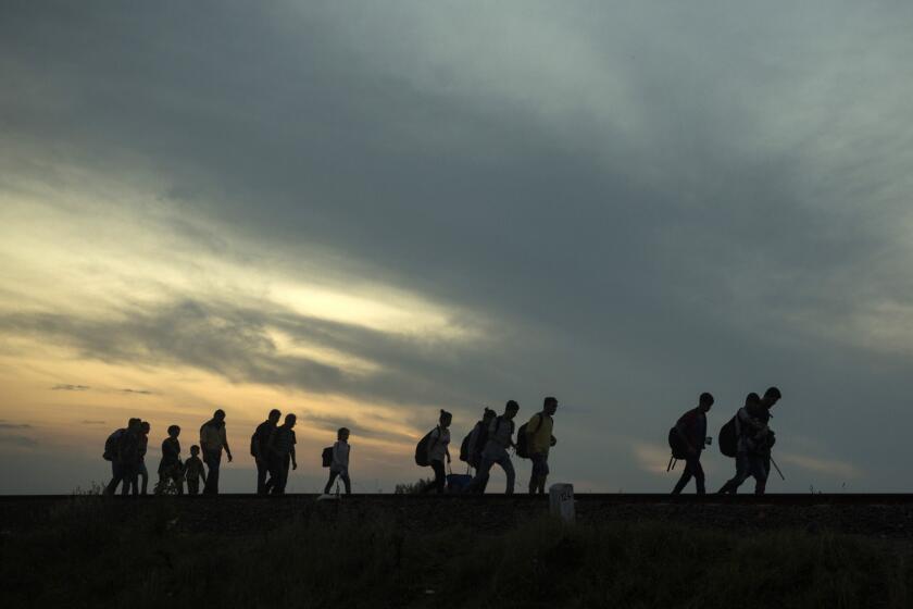 A group of refugees earlier this month walks along railway tracks near the town of Roszke, Hungary, after crossing the border from Serbia.