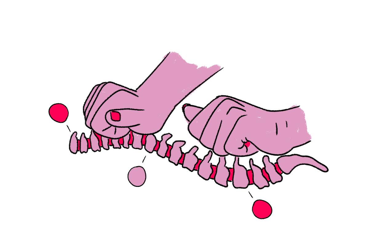 An illustration of hands pressing on a spine
