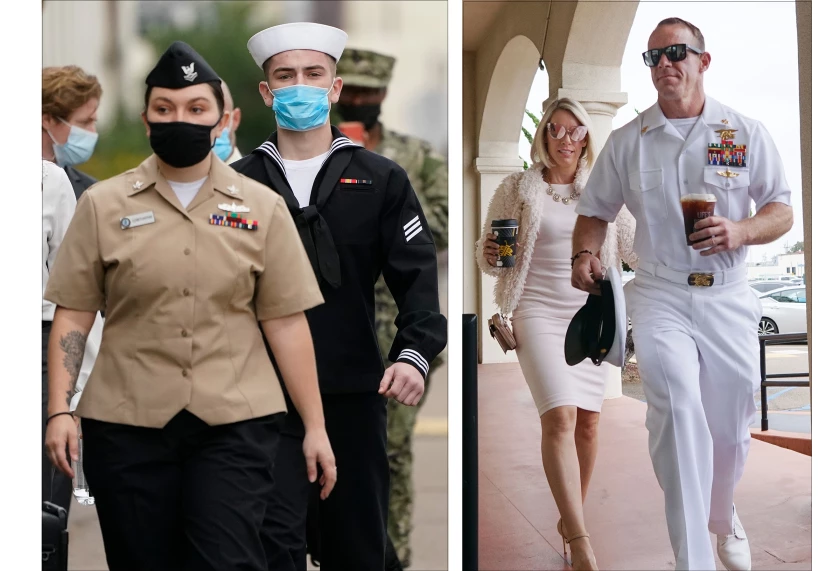 Navy Seaman Ryan Sawyer Mays, left, arrives for a hearing at Naval Base San Diego on Dec. 13, 2021. On the right, Navy Special Operations Chief Edward Gallagher walking into military court with his wife Andrea Gallagher in June 2019. (AP / Getty Images/For The San Diego Union-Tribune)