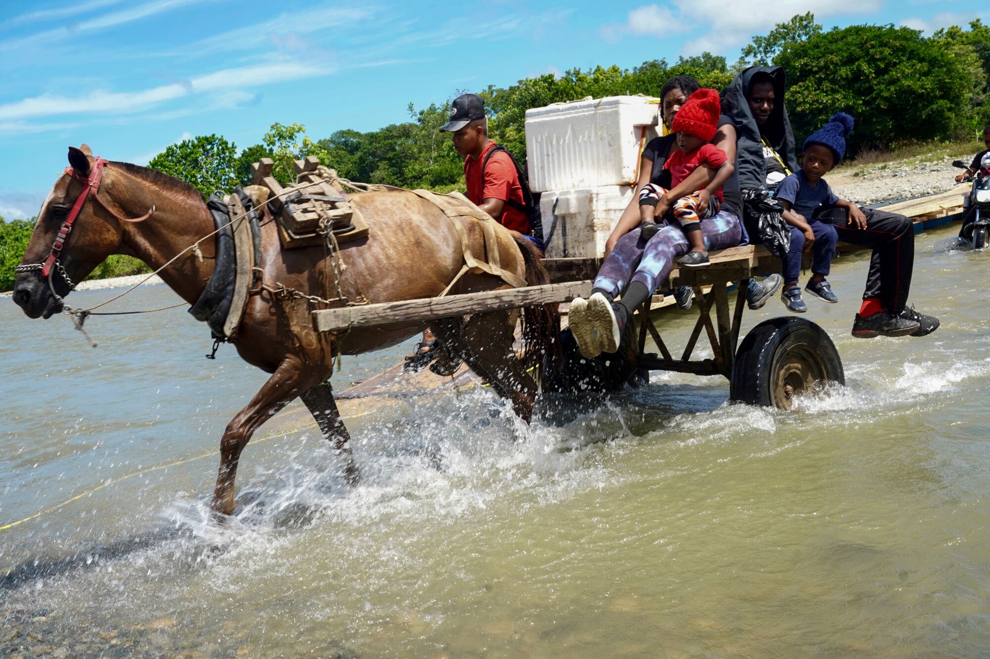 U.S.-bound migrant families travel on horse carts from the town of Acandí to the entrance of the Darien gap.