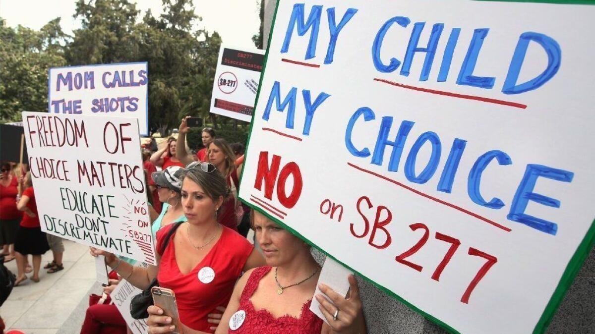 Protesters rally against SB 277, a measure requiring schoolchildren to get vaccinated, in Sacramento on June 25, 2015.