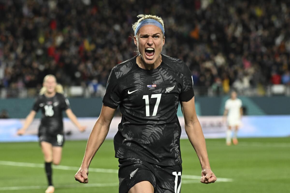 New Zealand's Hannah Wilkinson celebrates after scoring the opening goal during the Women's World Cup soccer.