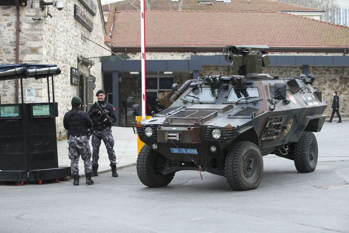 Soldiers and an armored vehicle outside Russia-Ukraine talks in Istanbul.