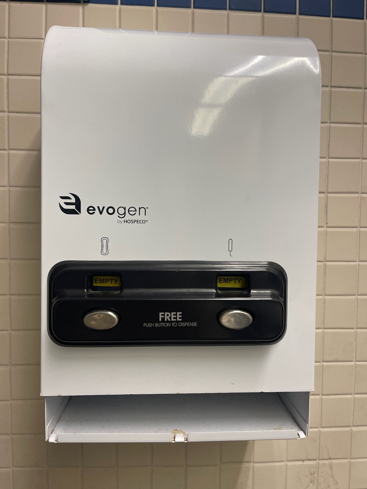 One of the dispensers located in the girls' restrooms at Corona del Mar High School.