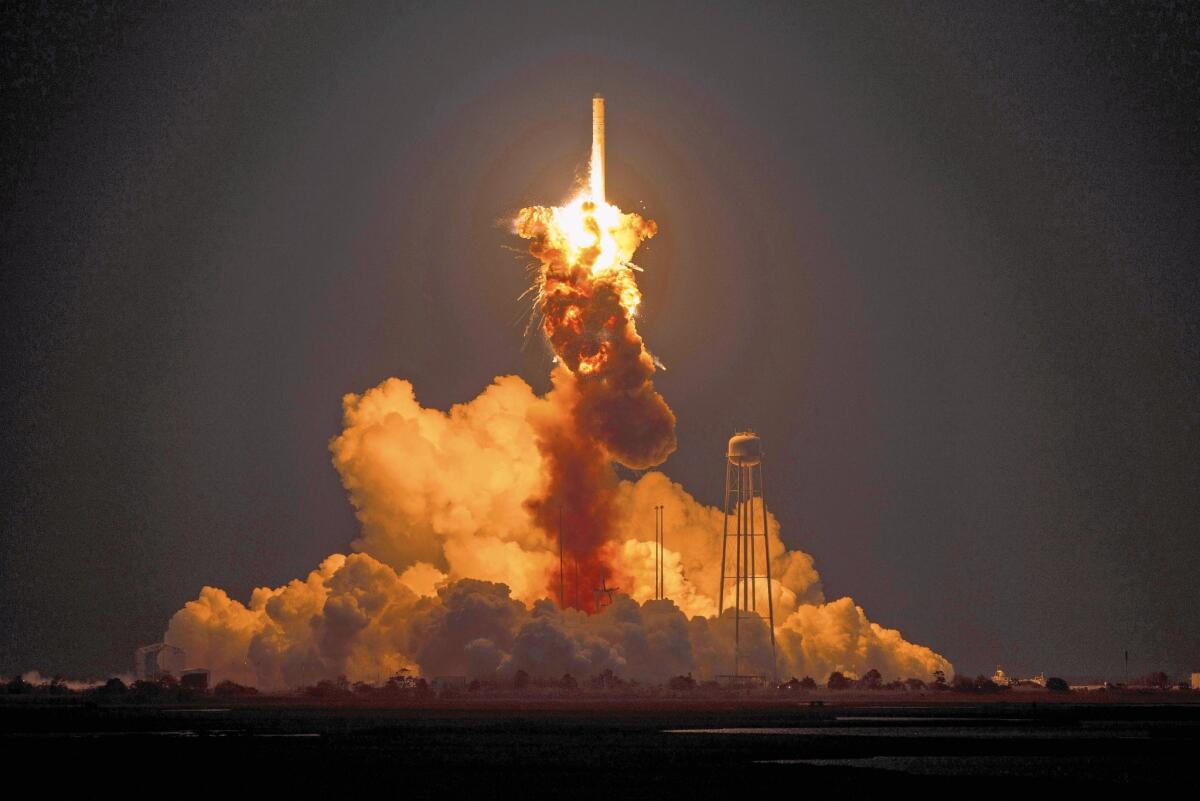 Orbital Sciences Corp.'s unmanned Antares rocket explodes moments after launch at a NASA facility in Virginia in October 2014.