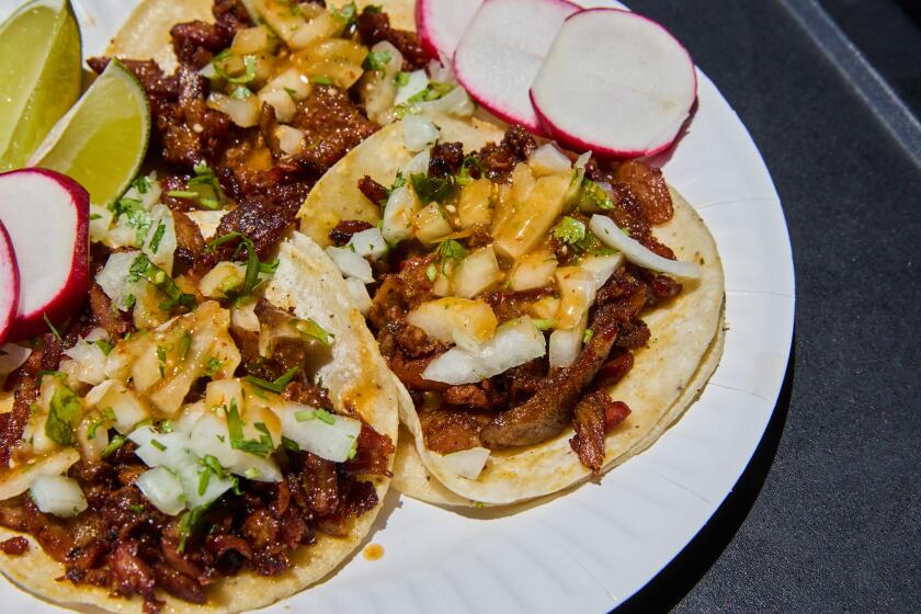 Al Pastor tacos from Tacos Los Gu?ichos, photographed for the 101 Best Tacos 2024 on Tuesday, July 16th, 2024 in Los Angeles, CA. (Andrea D'Agosto / For The Times)