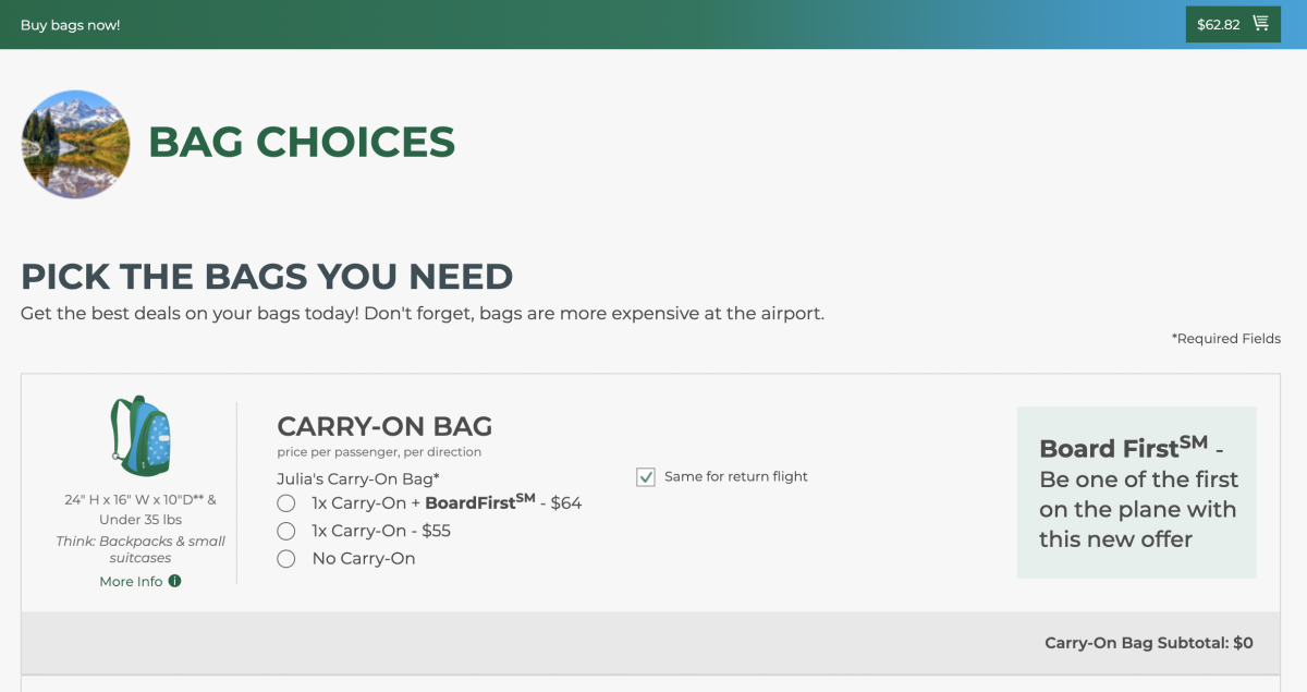 Screenshot of Frontier's website with "Bag Choices." 