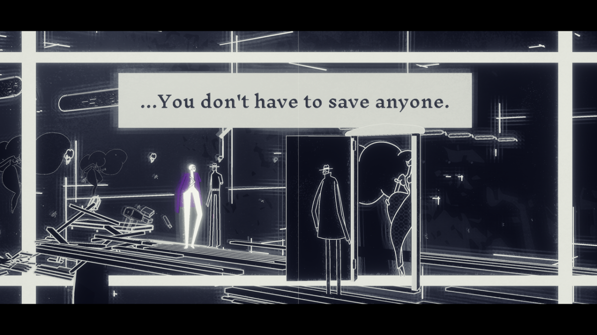 A stylized person opens a door under a sign that reads "You don't have to save anyone" in "Genesis Noir." 