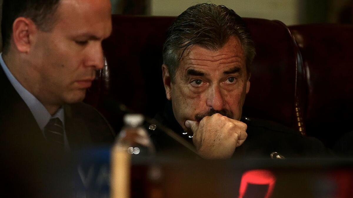 L.A. Police Chief Charlie Beck attends a special Police Commission meeting to hear testimony from immigrant rights advocates and discuss LAPD policies towards immigrants in the age of Trump.