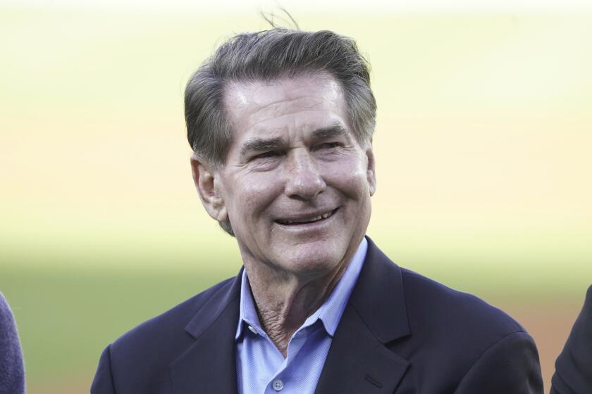 Los Angeles Dodgers former player Steve Garvey during Manny Mota Legends of Dodgers baseball night before the MLB game Los Angeles Dodgers against the St. Louis Cardinals, Saturday April 29, 2023 in Los Angeles. The Dodgers defeated the Cardinals by the final score of 1-0. (Kevin Reece via AP)
