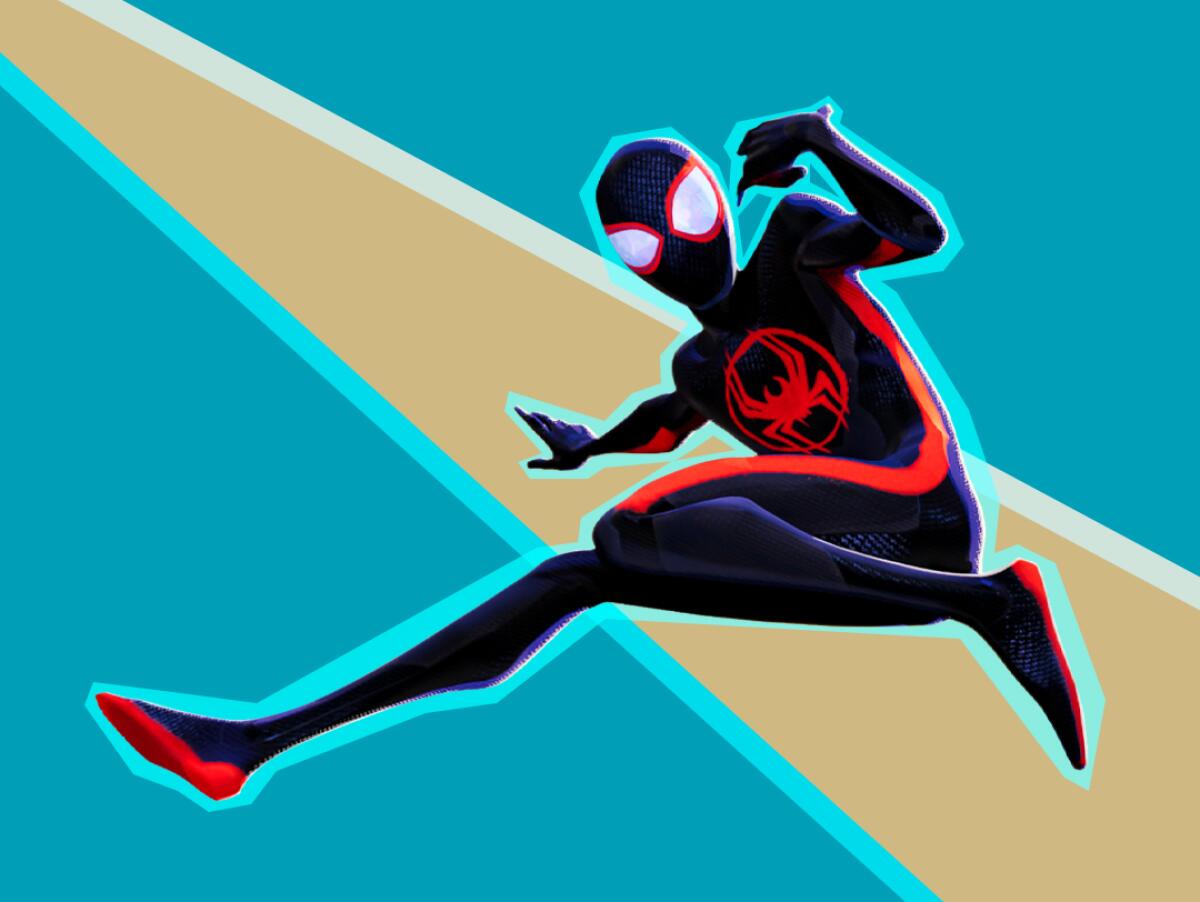 A black-suited Spider-Man leaps.