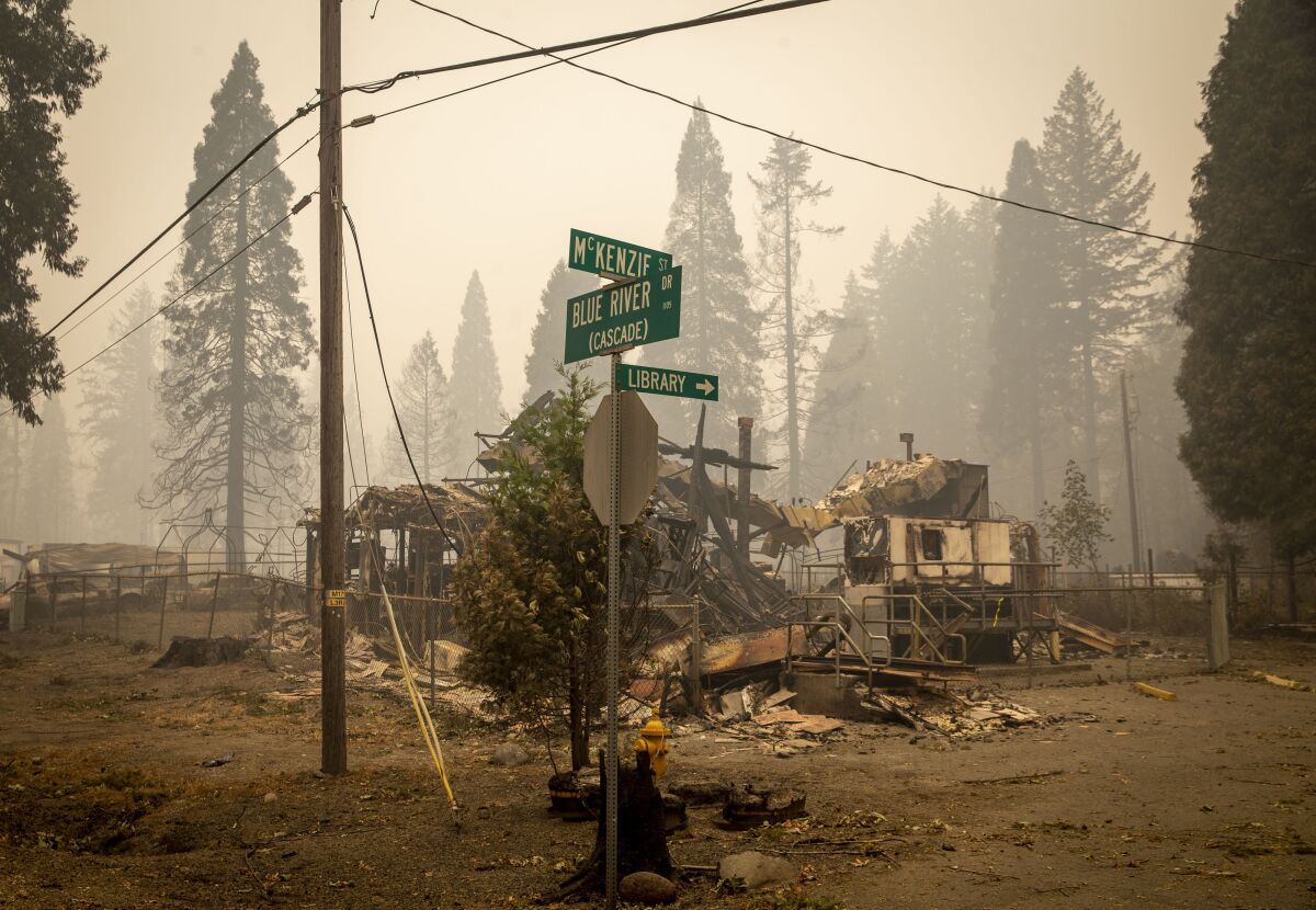 Land and property at an intersection is scorched, Tuesday, Sept. 15, 2020, in Blue River, Ore., eight days after the Holiday Farm Fire swept through the area's business district. More than 300 structures have been destroyed in the fire. (Andy Nelson/The Register-Guard via AP, Pool)