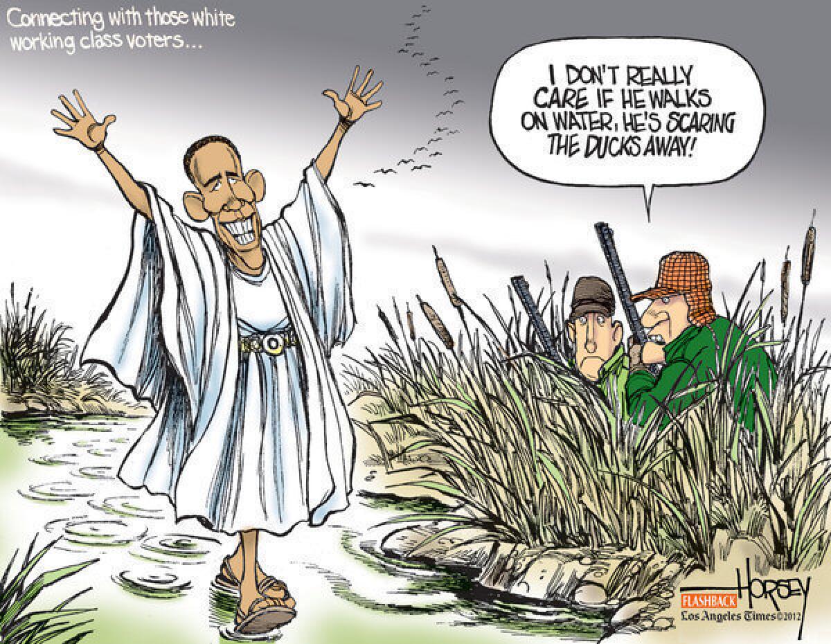 Barack Obama is no rock star among gun owners, Ted Nugent fans and many white male voters, as illustrated in this Horsey cartoon from 2008.