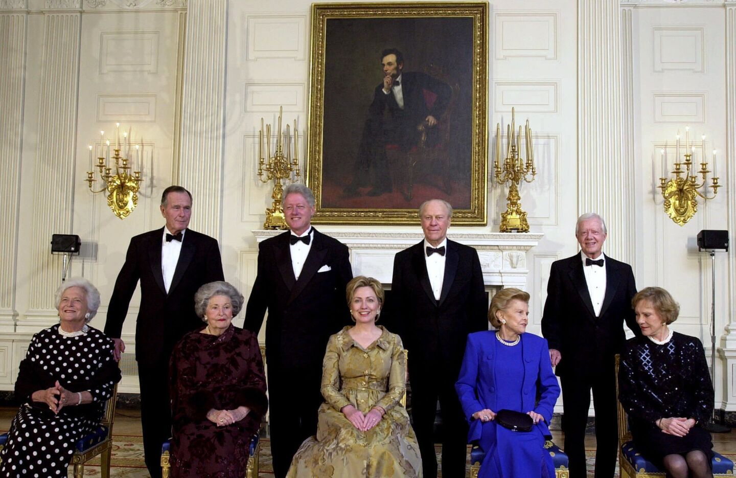 Former presidents and first ladies pose during a dinner in honor of the 200th anniversary of the White House on Nov. 9, 2000. Barbara Bush is at the far left.