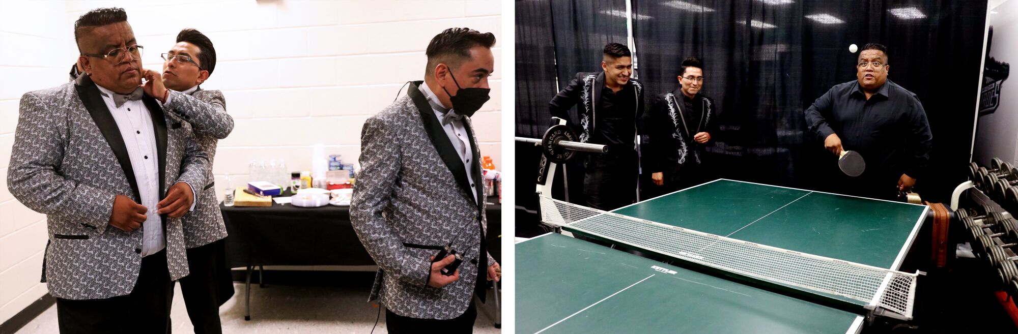Band members backstage, left, and playing ping pong, right. 