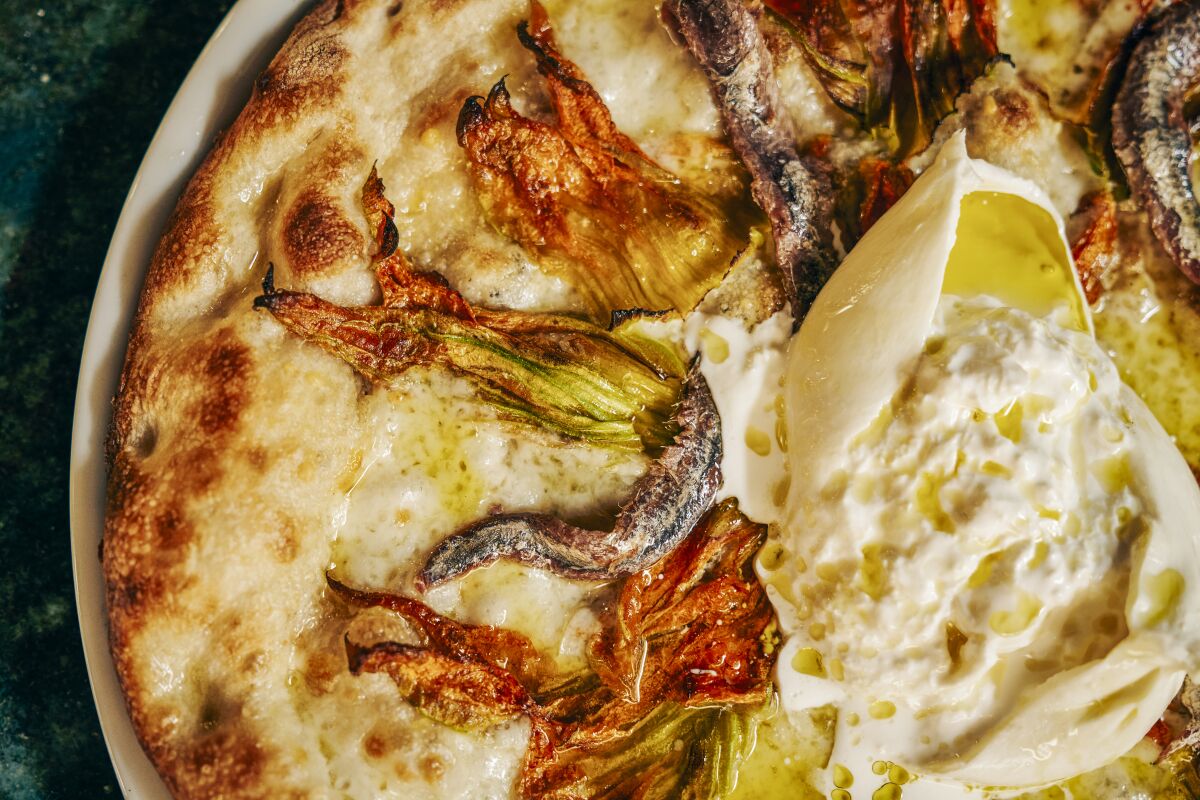 The Fiori di Zucca pizza from Evan Funke's new Fingers Crossed pizzeria in Hollywood.