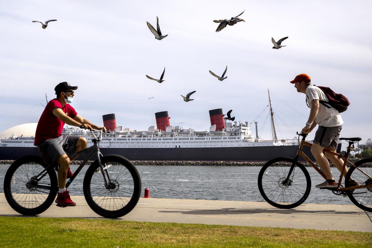 Cyclists and pigeons are seen in the foreground, with the Queen Mary ship in the distance.