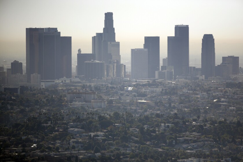 A hazy view of downtown Los Angeles, as seen from the Griffith Observatory.