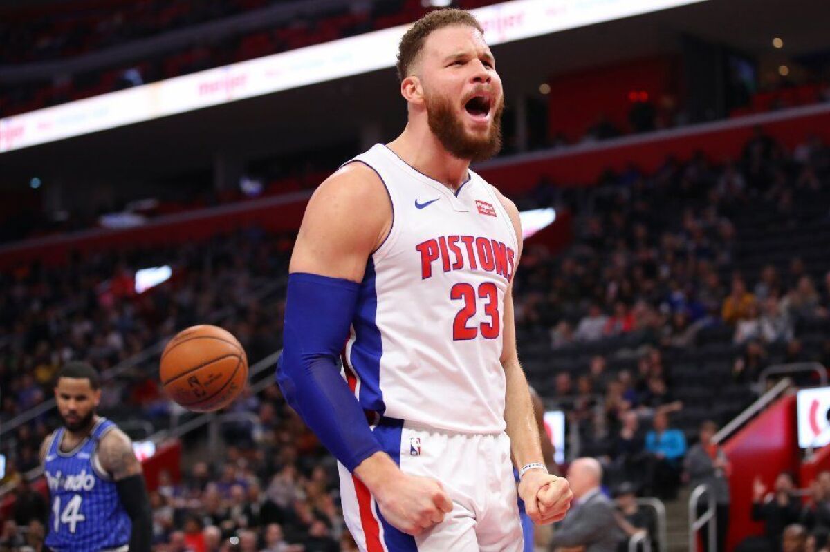Pistons forward Blake Griffin lets out a yell after scoring against the Magic during a game last season in Detroit.