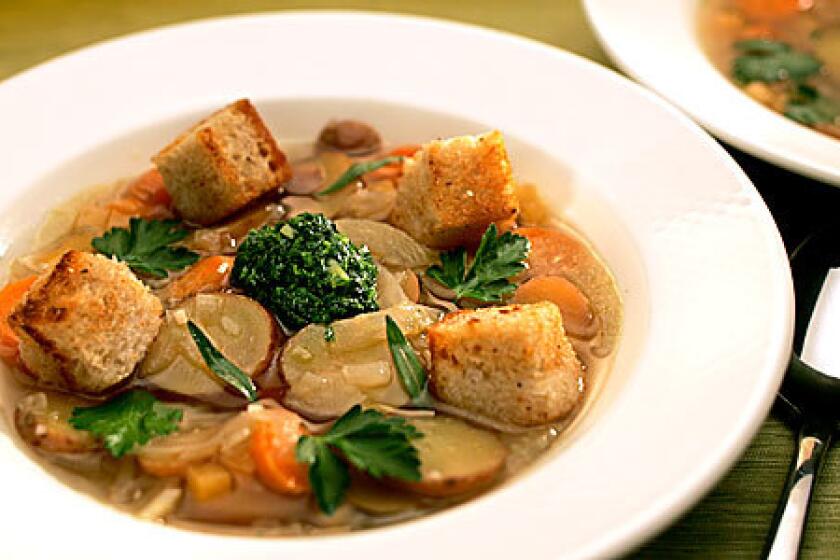 SOUP'S ON: Vegetables in an aromatic broth, topped with crisped croutons. What could be more filling for dinner?