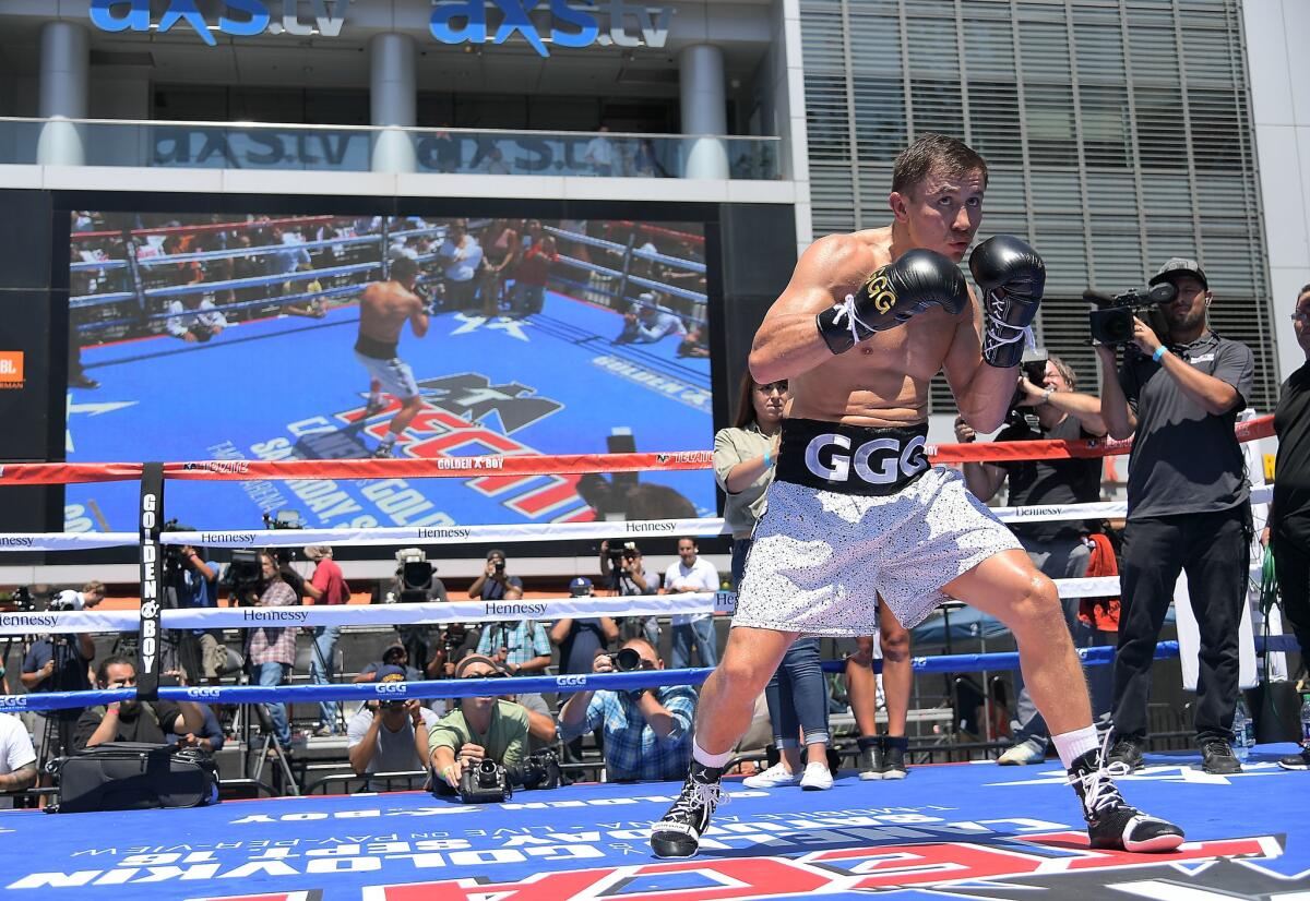 LOS ANGELES, CA - AUGUST 28: Gennady "GGG" Golovkin hosts fans for an open workout at LA LIVE on August 28, 2017 in Los Angeles, California. Chivas Regal has teamed up with GGG for The Chivas Fight Club, an initiative centered on boxing that extends to every individual with a fighting spirit from communities nationwide.